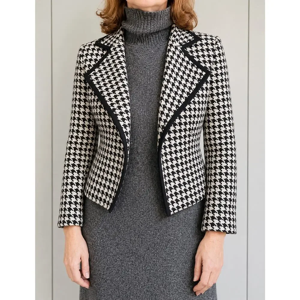 Womens Houndstooth Cropped Blazer/Jacket size 2 Linda Allard Crm/Black Classic